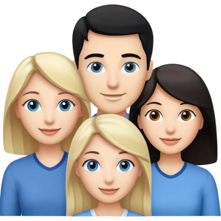 Blond woman with blue eyes on left. And a Man with black hair and grey eyecolor in the middle. And a blank woman with brown hair and grey eyes on the right. Happy together emoji
