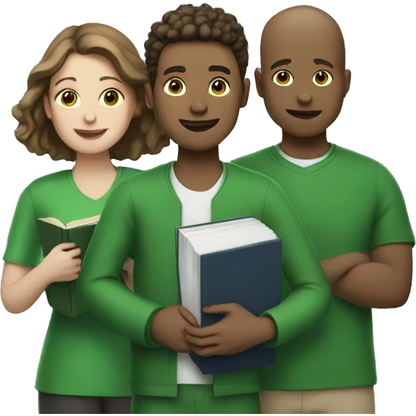 white three people in green clothes holding books emoji