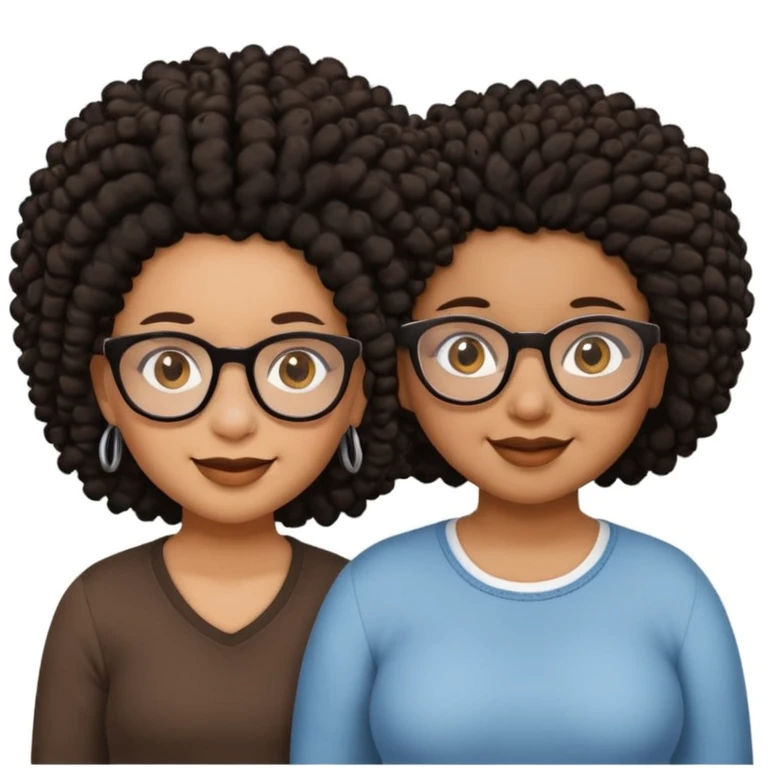 Chubby brown skin girl with glasses, brown eyes, black curly afro and a shorter skinny vrown skin girl with black dreadlocs and brown eyes emoji