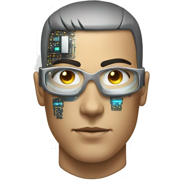 Male cyborg head with metallic skin, flat top, rectangular glasses and circuits emoji
