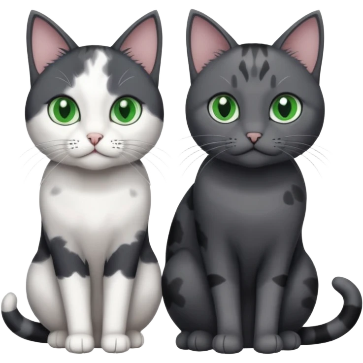 3 different coloured small cats including a dark grey and white, and a patchy calico and a completely solid dark grey with green eyes and only white paws emoji