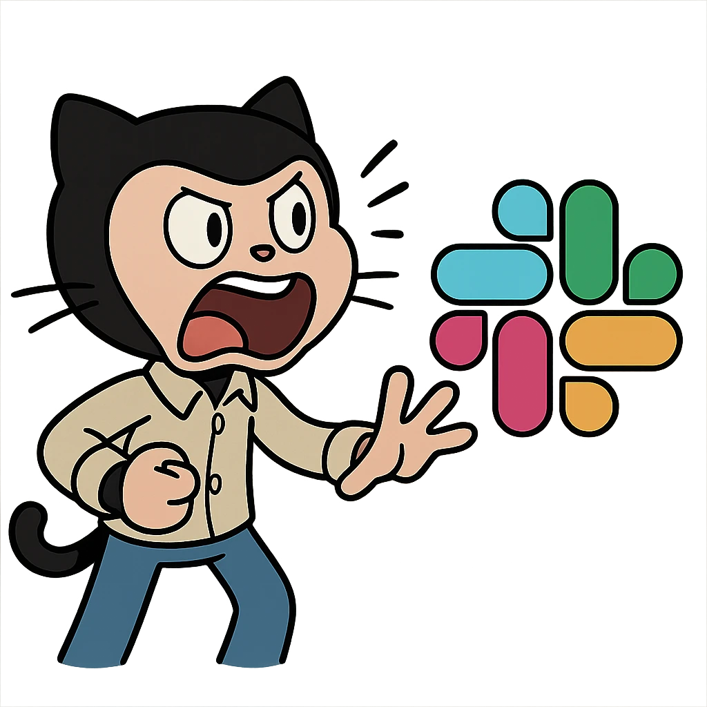 Github Octocat yelling at the Slack logo, cartoon style, energetic and humorous, playful and expressive, fun tech sticker, dynamic and lively, exaggerated expression, tech mascot crossover emoji