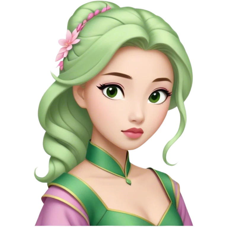 Cinematic Elegant Mulan Portrait Emoji, Dressed in her delicate green matchmaker gown, soft pink makeup, hair pinned perfectly, looking wistful yet radiant, eyes reflecting the depth of her spirit, capturing both her beauty and inner strength! emoji