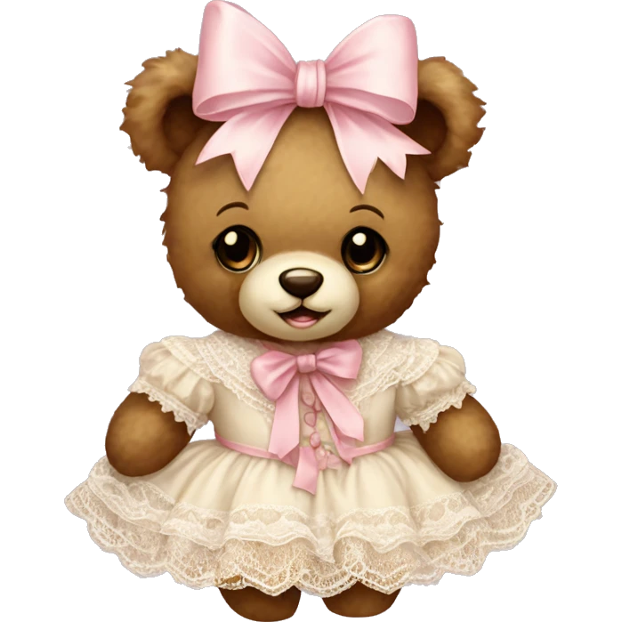 vintage rococo teddy bear with a light pink bow that has lace and frills emoji