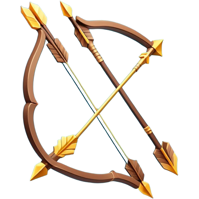 Clash of Clans aesthetic: Cinematic Playful 3D Isometric Bow & Arrows Emoji, rendered in a 3D vector-style similar to standard emojis with minimal shading and bold, simplified shapes. A compact, distinct form with signature details, softly glowing with a fantasy RPG magic charm. Simplified yet unmistakably iconic, highly detailed and consistent, glowing with a soft radiance and high shine. Stylized with a touch of heroic grandeur and a soft glowing outline, capturing the essence of a beloved gaming relic with a friendly, playful manner! emoji