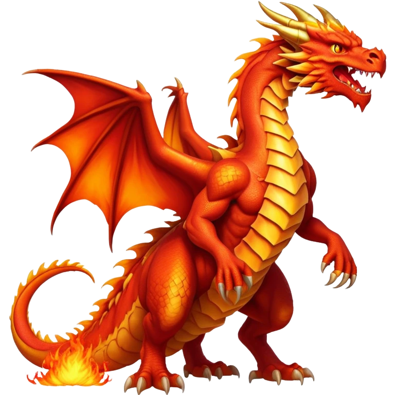 cinematic-noble-fierce-fire-dragon-full body-emoji,-poised-and-imposing,-with-a-muscular,-scaled-body-ablaze-in-fiery-hues-of-crimson,-molten-orange,-and-molten-gold,-and-intense,-burning-eyes-that-mirror-the-heart-of-a-volcano;-rendered in detail, displaying hi emoji