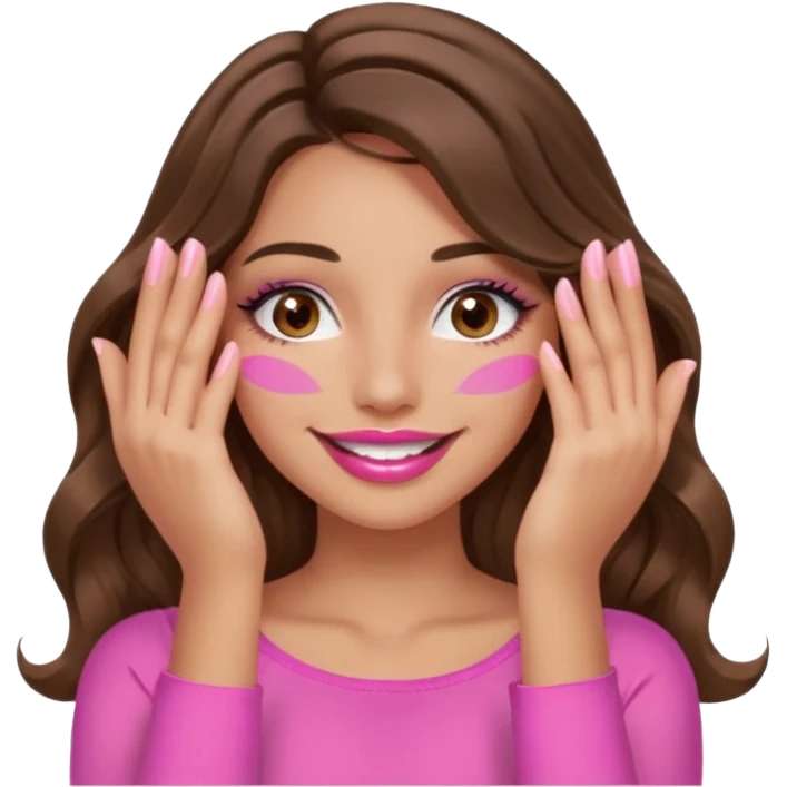 girl with long wavy brown hair, brown eyes, long lashes, sexy pink lips, light to medium complexion, wearing a pink sexy top, smiling, hands covering over the eyes emoji
