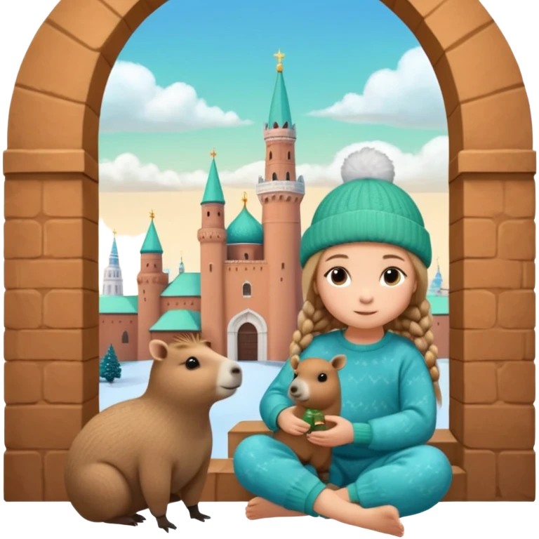 A cute 11-year-old girl with light brown braids in front, wearing emerald green cozy sweater and blue pajama pants, sitting with a fluffy capybara wearing a tiny knitted hat, warm pastel illustration style, soft lighting, Moscow Kremlin spire visible through window in background, 3D render emoji