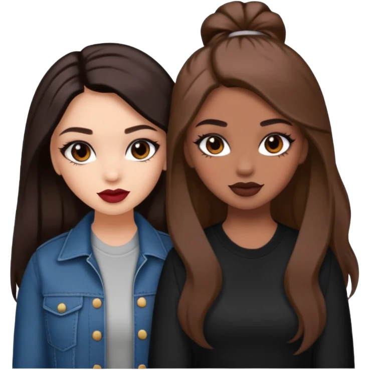 Boujy baddie best friends, trendy heavy makeup both dark hair one light skinned and one mocha brown pretty hair style  emoji