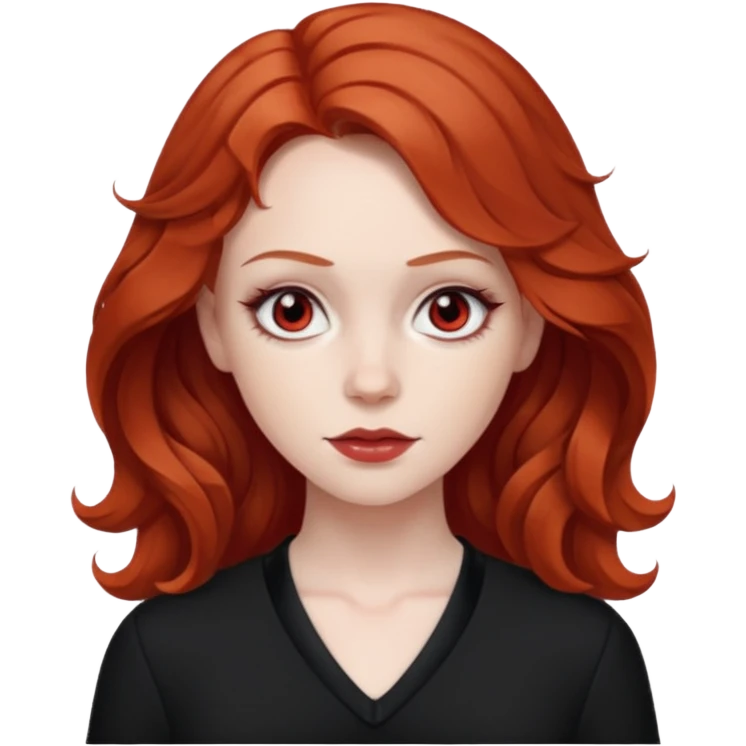 Sarah Blane from Summer of Fear with medium red wavy hair, white and red eyes, black outfit emoji