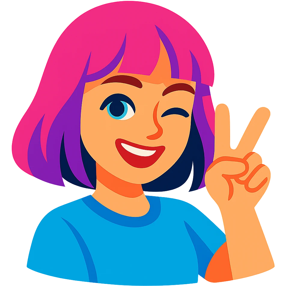 female character inspired by Russian singer Dora, smiling, winking with one eye, making a V sign with fingers, Telegram sticker style, no outline, vibrant and expressive emoji