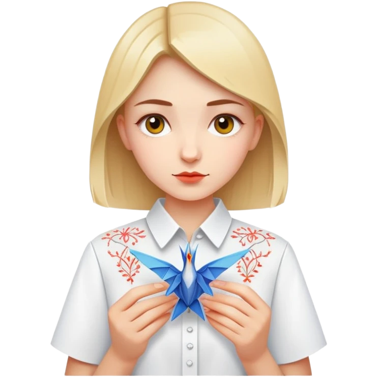 Ukrainian young girl in a white embroidered shirt holds an origami crane emoji