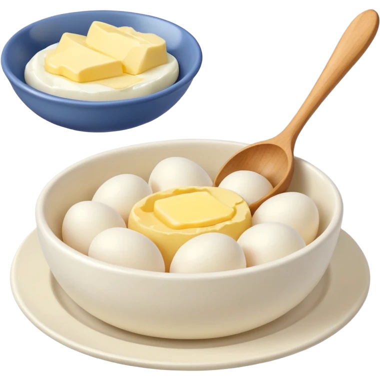 a dozen eggs, a ceramic mixing bowl with a wooden spoon and a plate of butter emoji