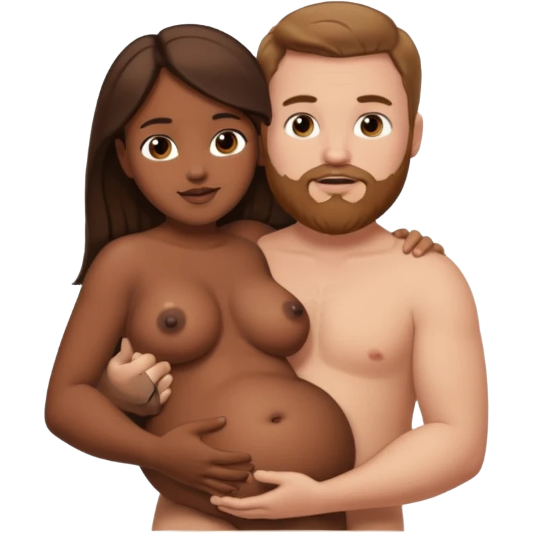 chubby white guy with brown hair and beard, holding a brown girl with long dark hair in arms, naked, showing tits and pussy emoji