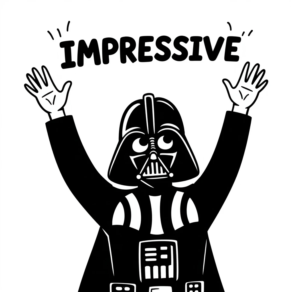 Darth Vader with arms raised, shouting IMPRESSIVE, dynamic, comic style, bold lines, expressive text, inspired by Destiny 2 Shaxx 'impressive' emoji emoji