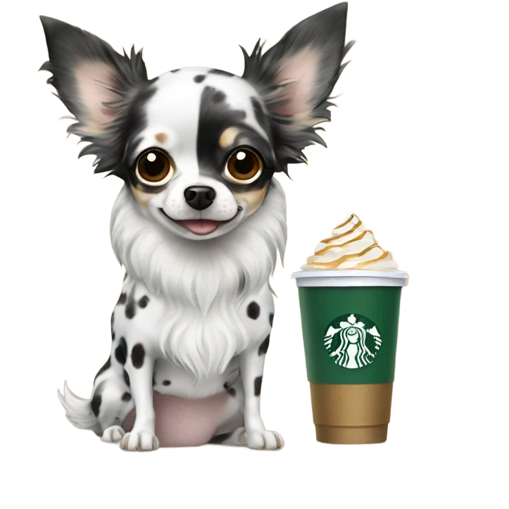 Black spotted Merle long hair chihuahua drinking Starbucks  emoji