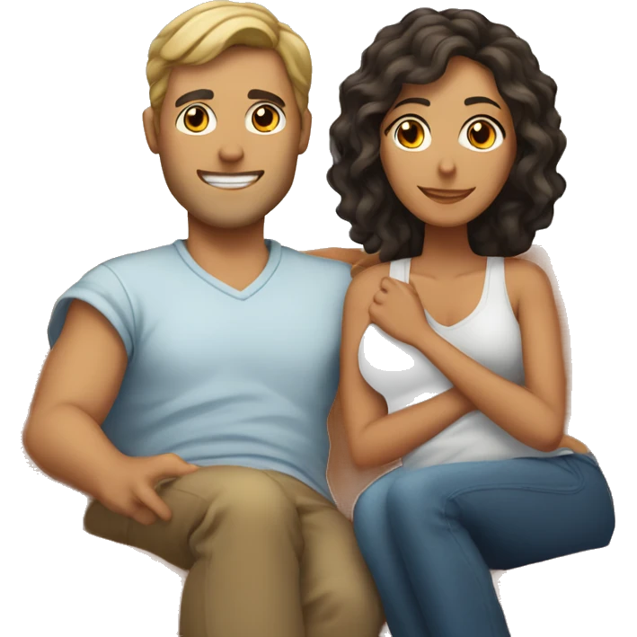A tanned man with short curly hair and a tanned woman with long straight hair cuddling in a couch with a blanket emoji