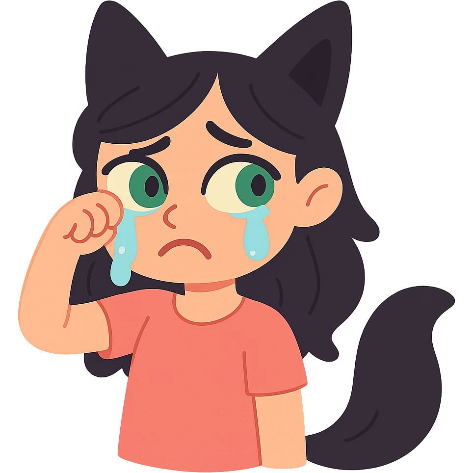 A girl with tears, black fox ears, and a tail, green eyes, dark hair emoji