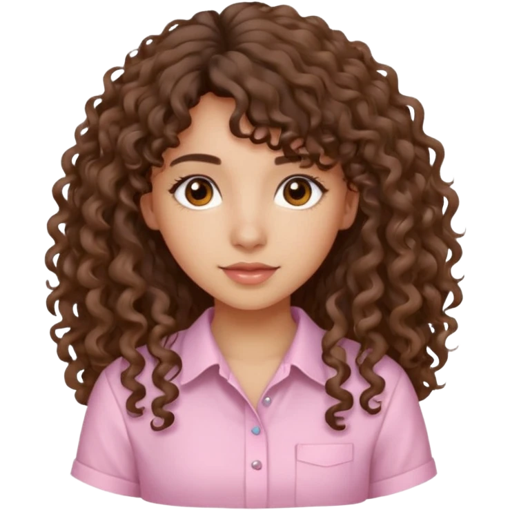 A Latina girl with brown eyes and long loose curly hair with curly bangs with a light pink shirt emoji