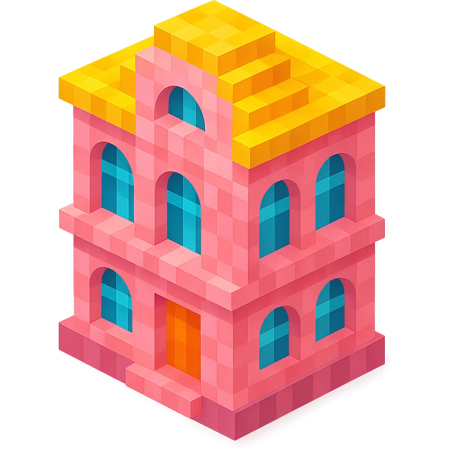 old Saint Petersburg building, pink pastel facade, arched windows, isometric view emoji