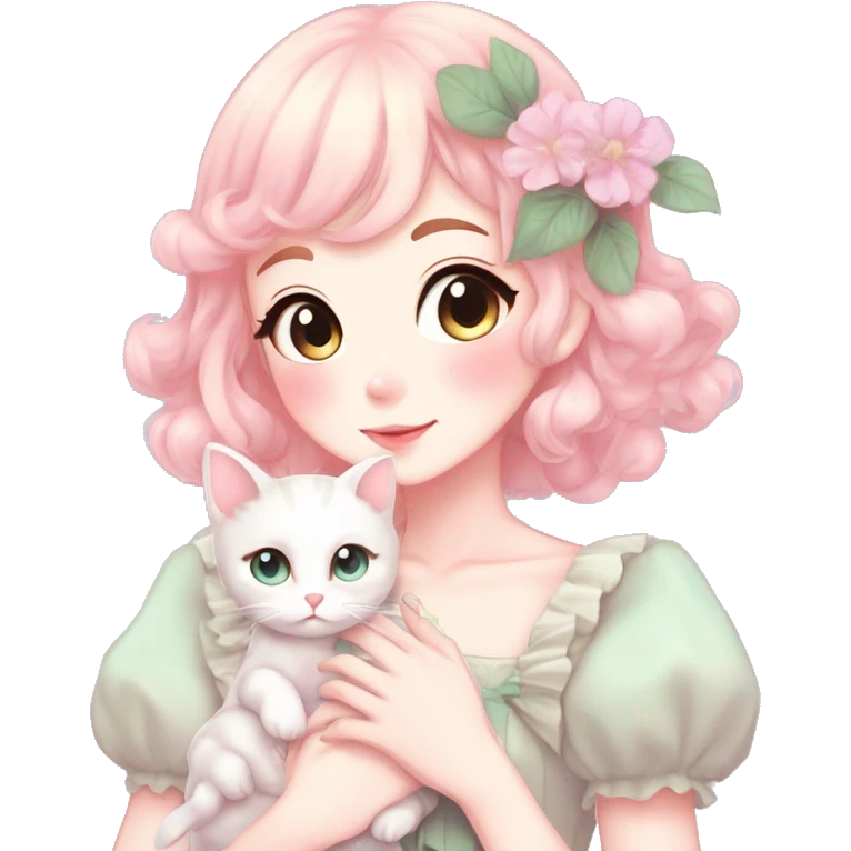 Gorgeous pastel anime style lady with blushing face and holding a kitten cottagecore fairycore pastelcore colorful pearly romantic simplistic aesthetic trending style emoji