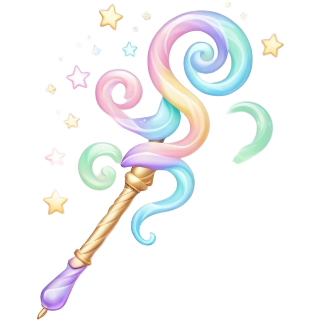 Cinematic cute magical wand, pastel swirls of color, tiny twinkling stars floating around, glowing softly, chubby rounded edges, whimsical and dreamy. emoji
