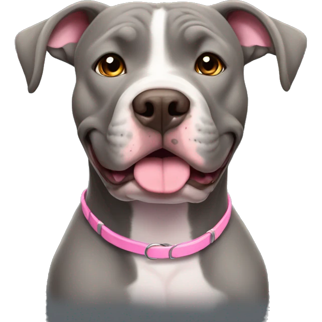 Female gray pitbull dog with floppy ears happy expression brown eyes gray face pink collar, sitting up, facing forward. emoji