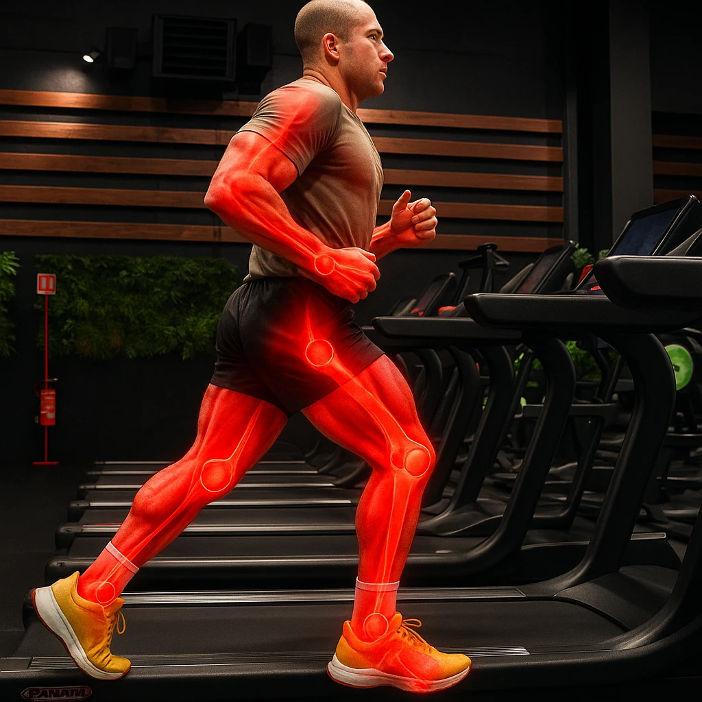 Realistic style image of a man running on a treadmill showing clear signs of muscle and joint overload: inflamed and reddened muscles and joints highlighted in red, inspired by the photo provided. emoji