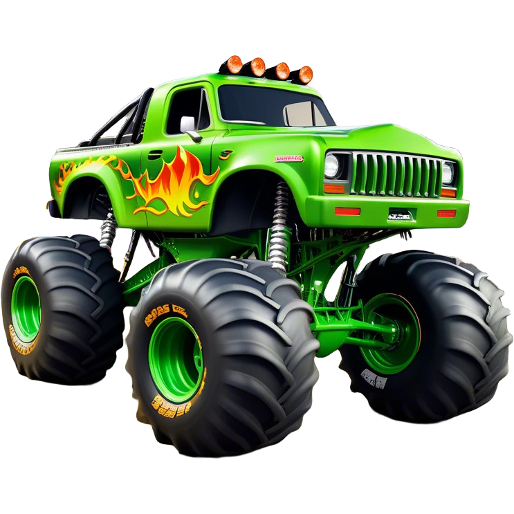 Grave Digger - Monster Jam (Model Year: 2022) (Iconic colour: Green with flames) - A legendary monster truck with a fearsome design: predominantly deep green with dynamic, vibrant flame graphics in bright orange and yellow. Highlight its rough, edgy bodywork and an aura of untamed rebellion. emoji