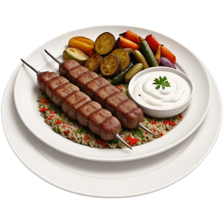 Cinematic Realistic image of a long, hand shaped Turkish Köfte, rendered with richly spiced meat textures and subtle grill marks, artfully arranged on a traditional Turkish ceramic plate alongside classic sides such as a serving of aromatic pilaf, crisp grilled vegetables, and a dollop of creamy yogurt, all bathed in warm, appetizing lighting that emphasizes its savory allure. emoji