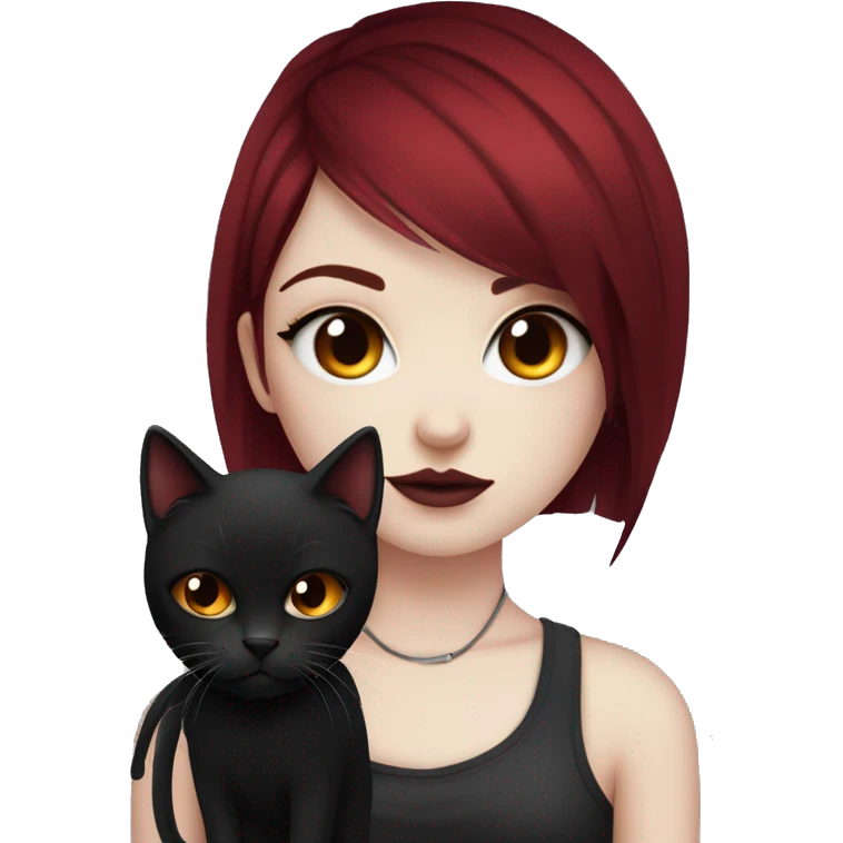 Pale girl with black eyeshadow and burgundy red colored hair with an emo haircut that’s long and layered holding a black cat emoji
