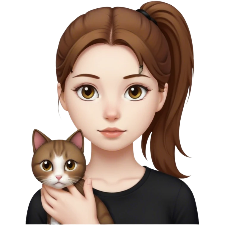 Girl with pale skin Brown hair pony tail and Black shirt with long eyelashes with cat  emoji