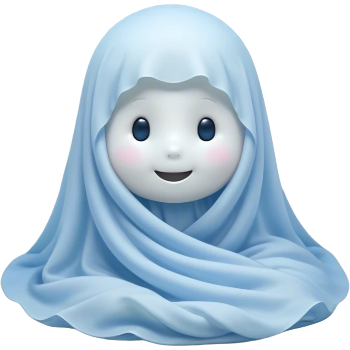 An adorable, peacefully floating sheet-like ghost in gentle pastel whites and blues, its soft, rounded form loosely draped, head resting with closed, serene sparkling eyes and a tiny, contented smile, simplified yet irresistibly charming, highly detailed, with a soft glowing outline that captures the essence of a sleepy, endearing spirit wrapped in cozy slumber! emoji