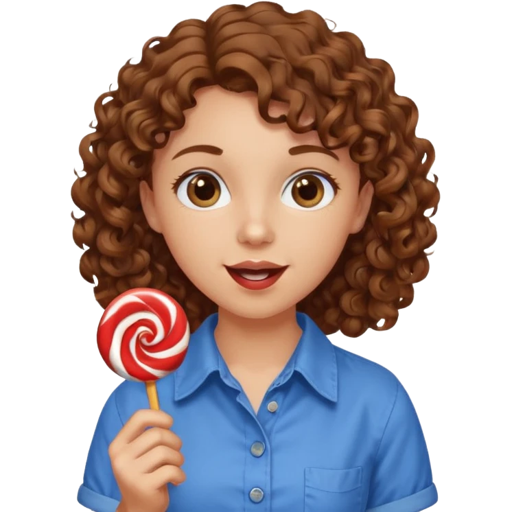 girl with brown curly hair in a blue button-up shirt loving candy excited emoji