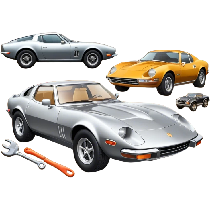 Collage emoji symbolizing a passion for cars: a sleek sports car, a vintage classic car, and an off-road SUV. The background features a cozy garage with tools, car posters, and warm lighting, emphasizing a home hobby atmosphere. Transparent background. emoji