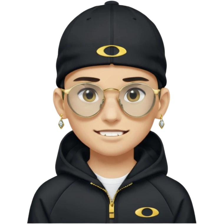 un emoji de un chico emcapuchado blanco, con gorro kalenji, dientes de oro, com uma chaqueta negra nike tech y unas gafas de oakley, con pendientes de diamante, que las gafas sean estilo cuadradas, los pendientes q no se cuelguen, que sean redondos, en las dos cejas un corte emoji