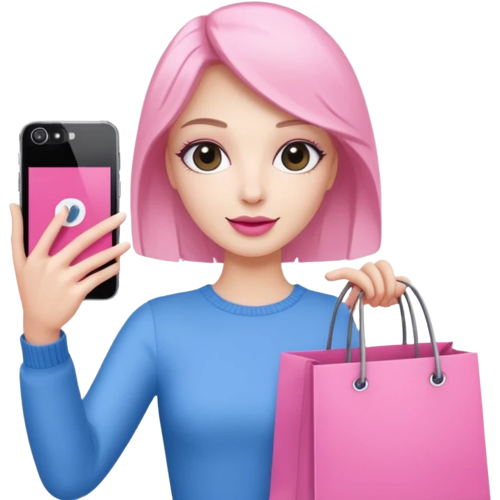 white skin influencer taking selfie with a pink shopping bag emoji