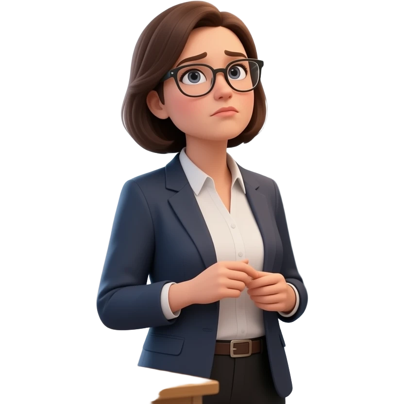 A photorealistic portrait of a female teacher in her 30s wearing glasses, standing in a school classroom. She has a skeptical look, looking up at the viewer with calmdown. Next to her, a large blackboard has the text 'Who is Hasbulla?' written in messy chalk. Soft overhead classroom, ultra details. emoji