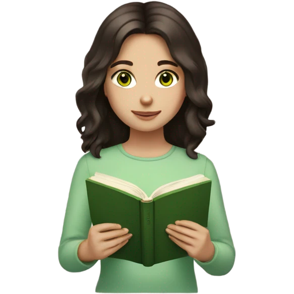 Girl with green eyes, shoulder length dark brown hair, pale skin, reading a book  emoji