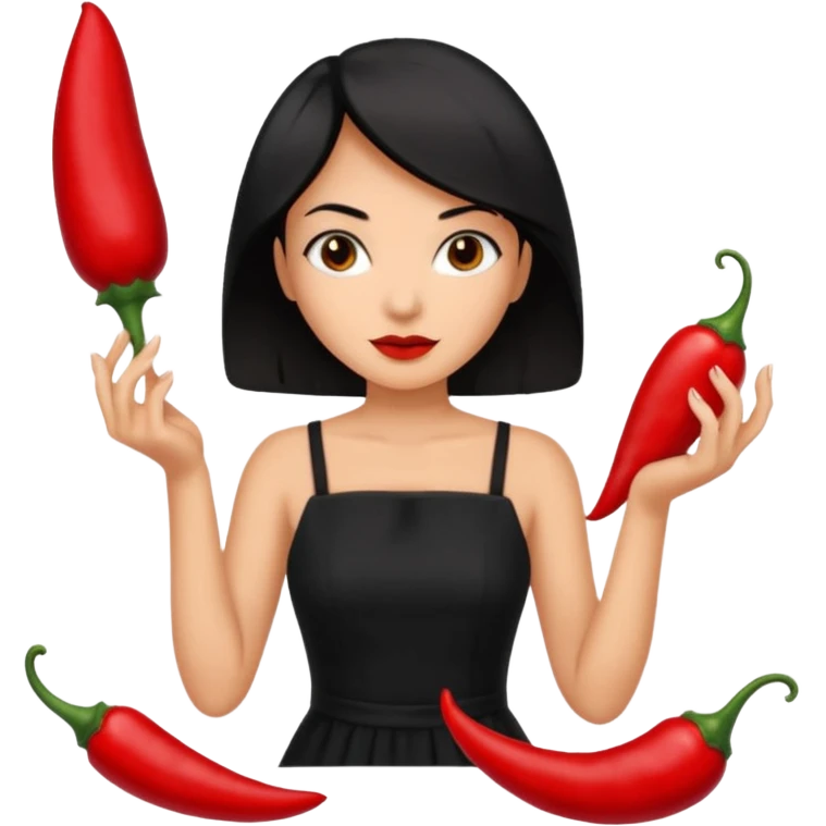 black short shoulder length hair tanned woman, black dress cooking, holding chili pepper emoji