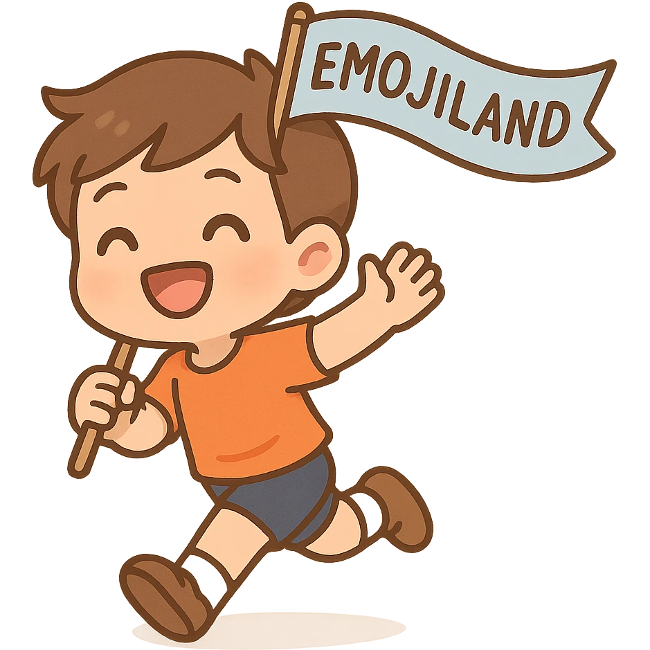 happy runner waving a flag that says 'emojiland' emoji