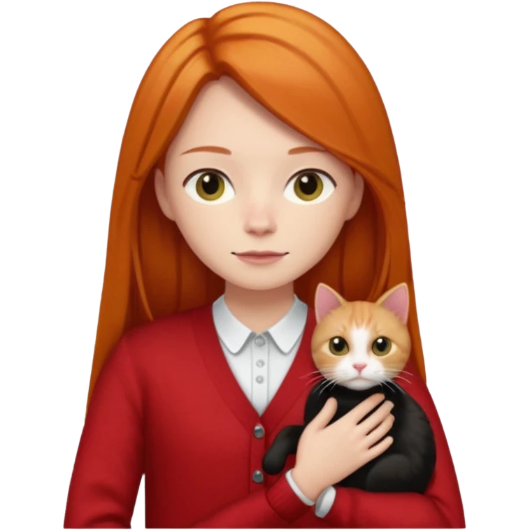 Ginger long straight hair with a red cardigan holding a black cat with a white shirt under the red cardigan emoji