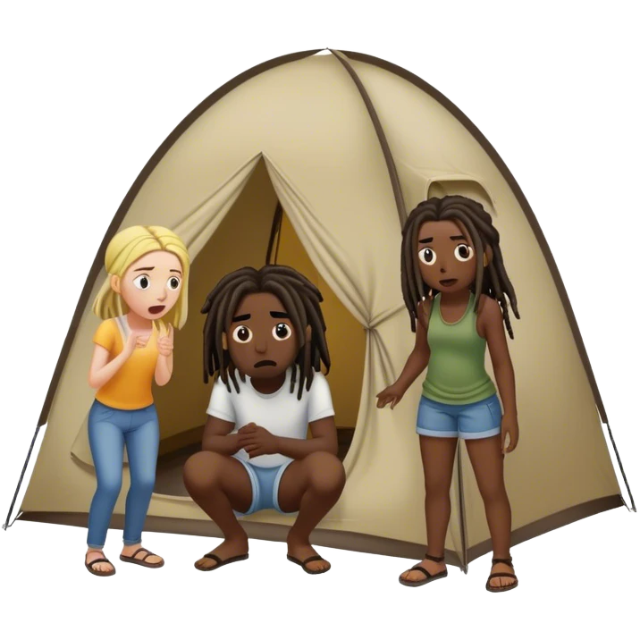 dark skinned black man with dreads standing outside of a tent, scaring two white girls who are sitting inside of the tent emoji