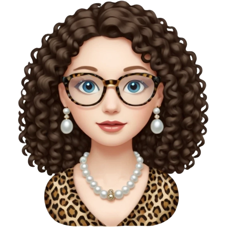 a blue eyed woman with very long brunette curly hair, full lips,and really pale skin. She is wearing a leopard printed thin round-ish glasses . She is wearing fully plain silky black dress. She is wearing pearl necklase and pearl earrings. saying hello emoji
