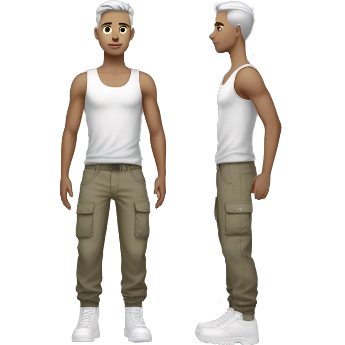 hair straight, white face colour, slender face, silver eyes, crop top with cargo pants and accessories, full body, men emoji