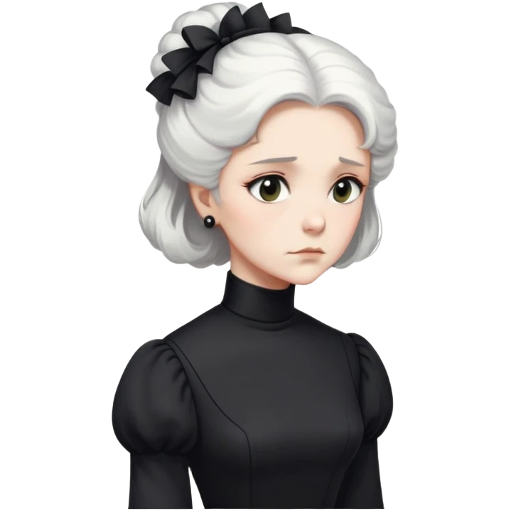 A Victorian woman with simple yet elegant coiffed white hair and light eyes wearing a modest unadorned monochrome black turtleneck mourning dress with puff sleeves looking down with a forlorn expression emoji