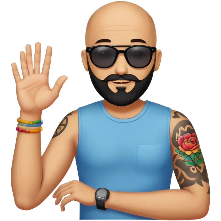 Bald man with sunglasses black beard saying hi with only one colorful tattoo on forearm  emoji