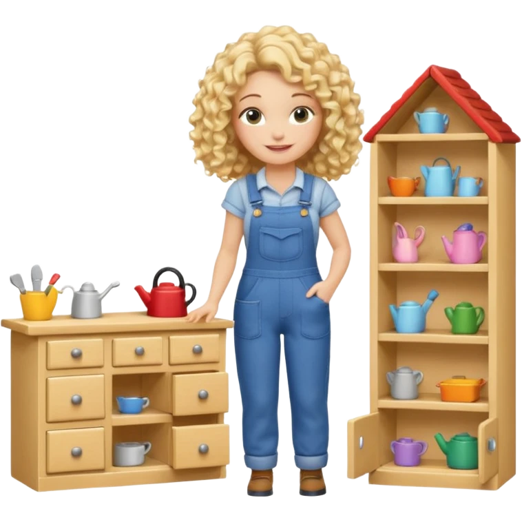 smiling blonde curly woman arranging furniture in doll house with overalls emoji