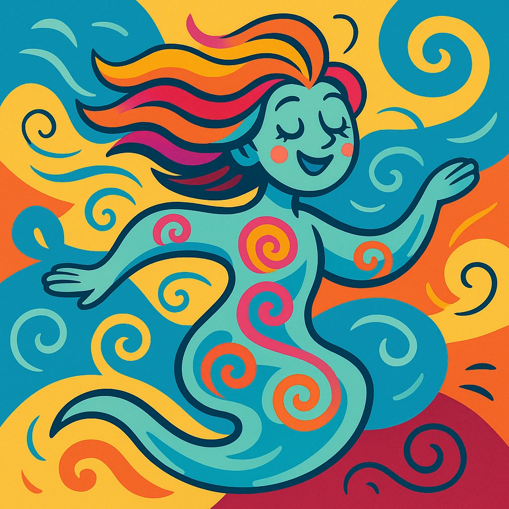 whimsical flowing spirit with wind-blown hair and swirling patterns symbolizing freedom and lightness vibrant colorful style emoji
