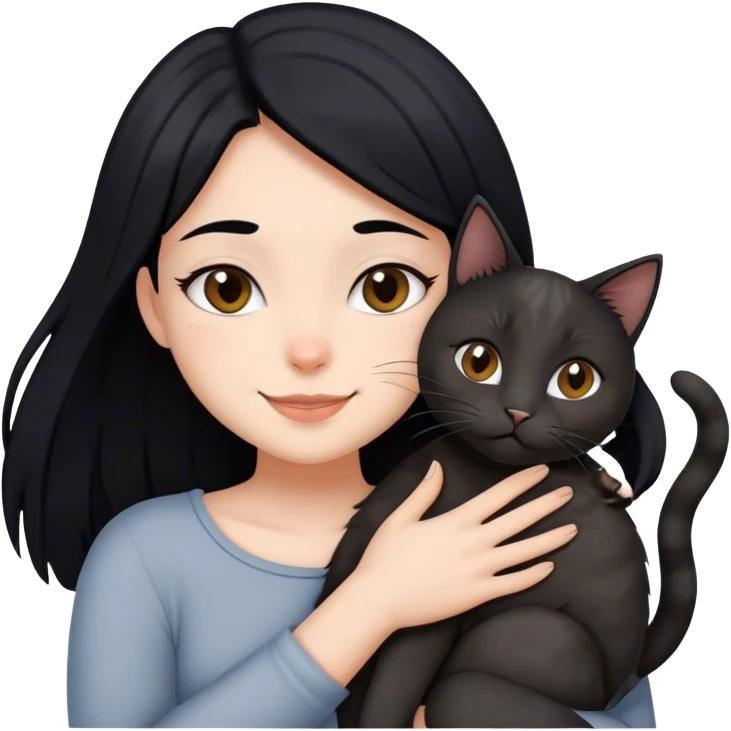 happy girl with black hair hugging three cats  (black cat, gray cat, brown calico cat) emoji